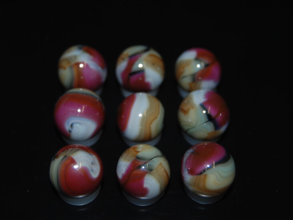 9 Beautiful Jabo/Vitro Swirl Marbles Made In Reno, Ohio