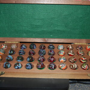 Lg. Wood Box Jabo Joker 1 Marbles lots of Cranberry Has 6 Names engraved on Lid RARE